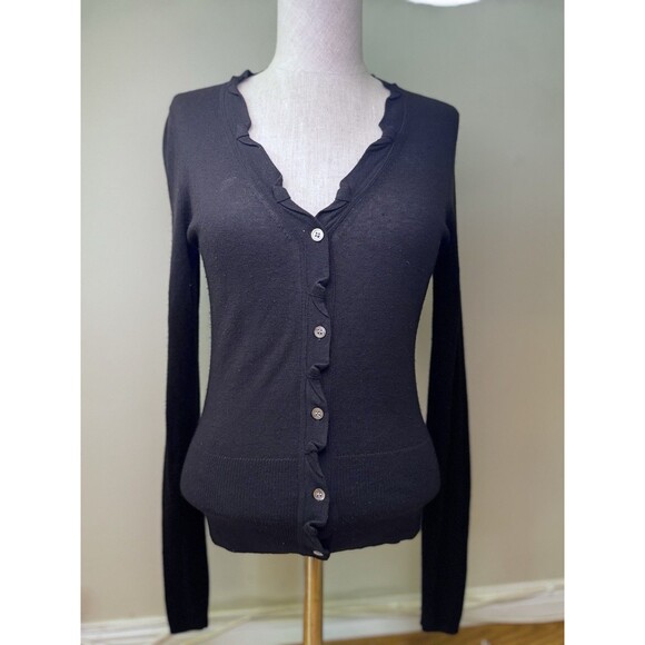 Elie Tahari Women's Silk Cashmere Ruffle Long Sleeve Button Black Cardigan XS - Picture 1 of 14